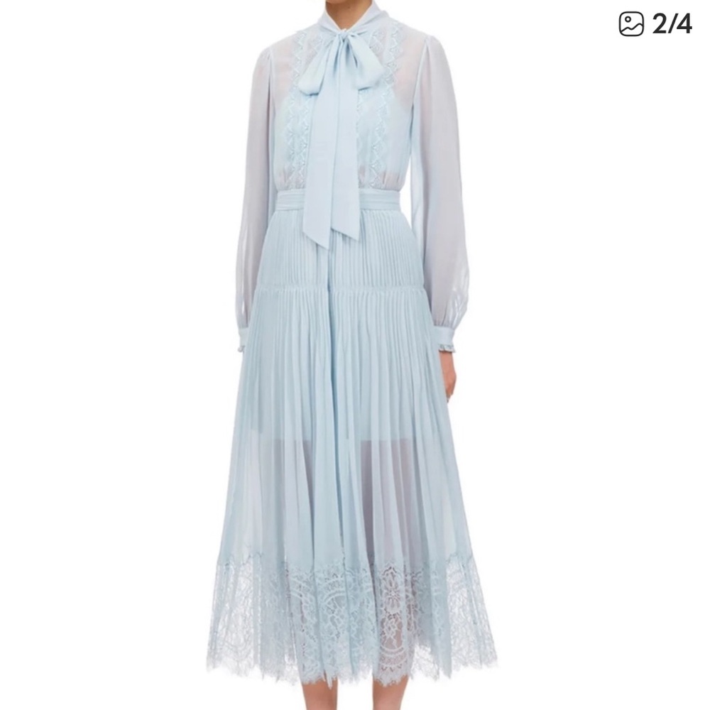 Self-Portrait Light Blue Chiffon Dress with Lace